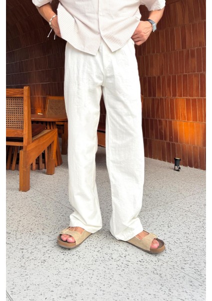 Bel Lastikli Beyaz Keten Pantolon