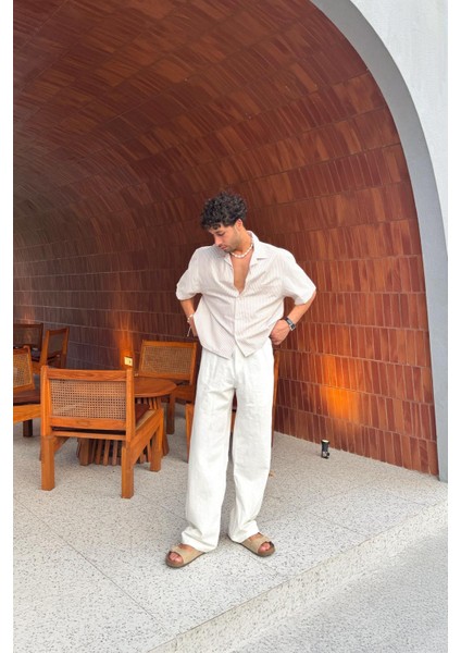 Bel Lastikli Beyaz Keten Pantolon indirimleri