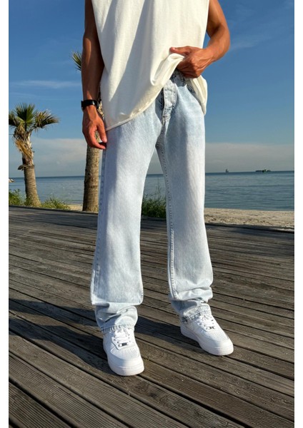 Çizgili Super Buz Mavi Regular Jean