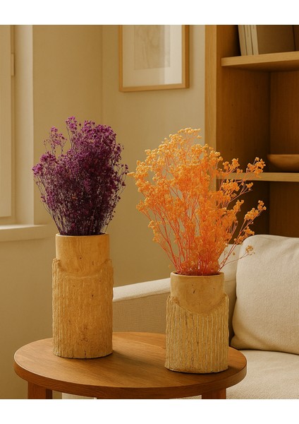 2’li Oyma Yüzeyli Doğal Traverten Vazo Seti – 20 cm & 26 cm
