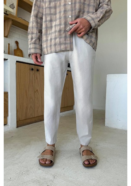 Taş Rengi Bel Lastikli Regular Keten Pantolon