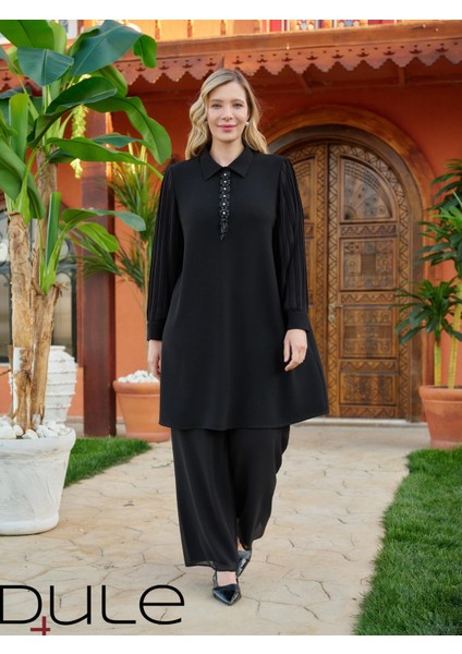 Kolu Pileli Manşetli Yakalı Önü Taşlı Tunik modelleri