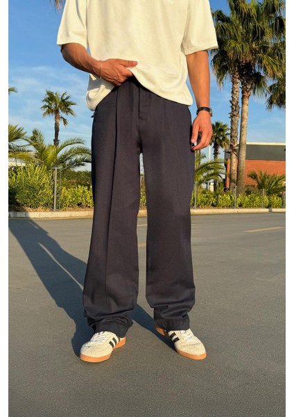 Pileli Lacivert Keten Pantolon