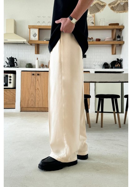 Krem Rahat Kesim Bel Lastikli Baggy Pantolon modelleri