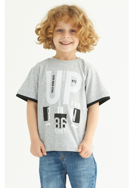 Bisiklet Yaka Kısa Kol Up Yazı Baskılı Gri Renk Erkek Çocuk Tshirt