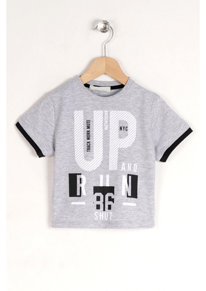 Bisiklet Yaka Kısa Kol Up Yazı Baskılı Gri Renk Erkek Çocuk Tshirt modelleri