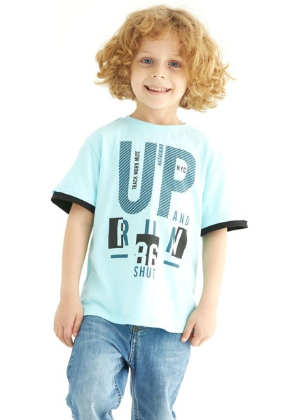 Bisiklet Yaka Kısa Kol Up Yazı Baskılı Mint Renk Erkek Çocuk Tshirt