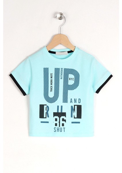 Bisiklet Yaka Kısa Kol Up Yazı Baskılı Mint Renk Erkek Çocuk Tshirt modelleri