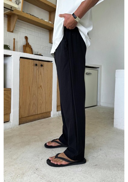 Siyah Bel Lastikli Müslin Kumaş Pantolon fiyatları