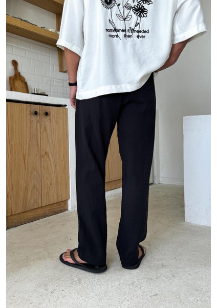 Siyah Bel Lastikli Müslin Kumaş Pantolon modelleri