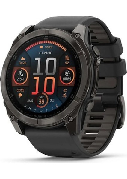 Fenix 8 – 51MM Amoled Sapphire Karbon Gri Dlc, Siyah/ gri Silikon Kayışlı