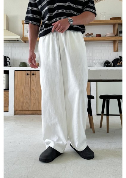 Beyaz Bel Lastikli Keten Baggy Pantolon