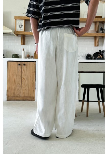 Beyaz Bel Lastikli Keten Baggy Pantolon fiyatları