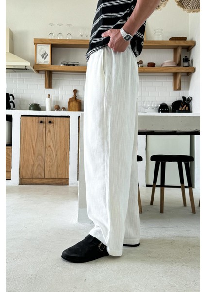 Beyaz Bel Lastikli Keten Baggy Pantolon modelleri