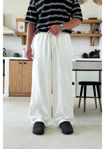 Beyaz Bel Lastikli Keten Baggy Pantolon fırsatları