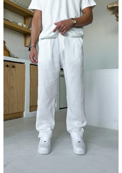 Beyaz Bel Lastikli Müslin Kumaş Pantolon