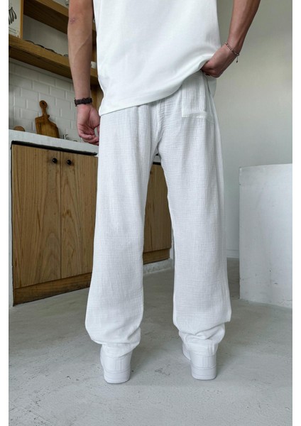 Beyaz Bel Lastikli Müslin Kumaş Pantolon modelleri