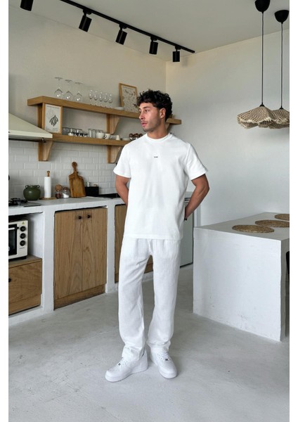 Beyaz Bel Lastikli Müslin Kumaş Pantolon indirimleri