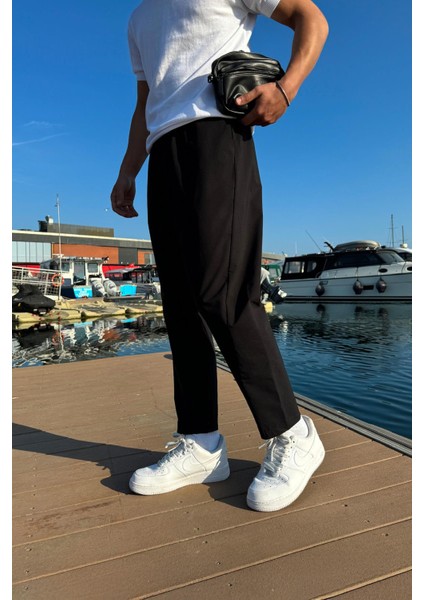 Paraşüt Kumaş Boyfriend Kalıp Siyah Pantolon