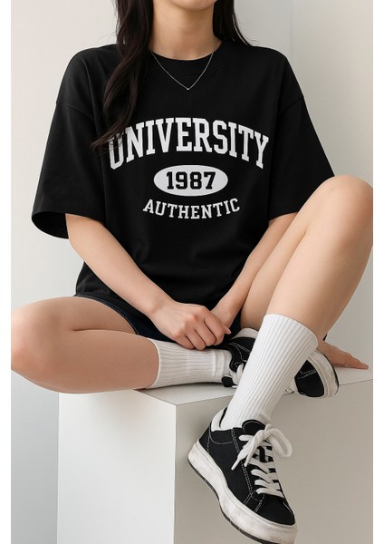 Kadın Tişört Baskılı Uzun T-Shirt Pamuklu Oversize Tişört Unıversity-Kadın