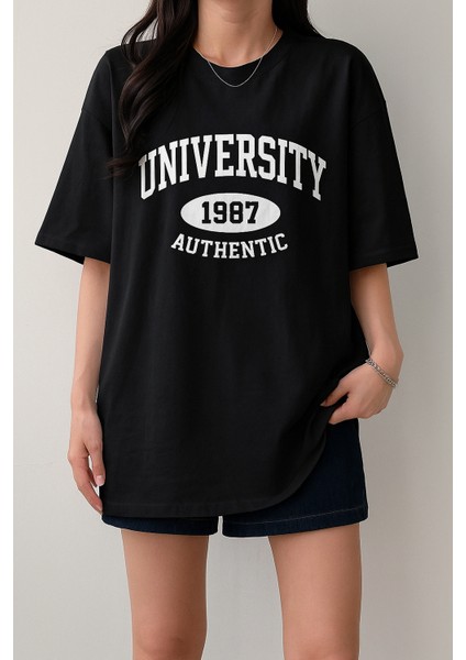 Kadın Tişört Baskılı Uzun T-Shirt Pamuklu Oversize Tişört Unıversity-Kadın modelleri