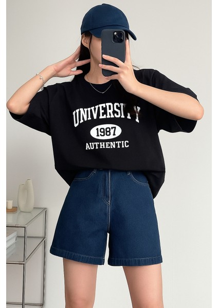 Kadın Tişört Baskılı Uzun T-Shirt Pamuklu Oversize Tişört Unıversity-Kadın fırsatları