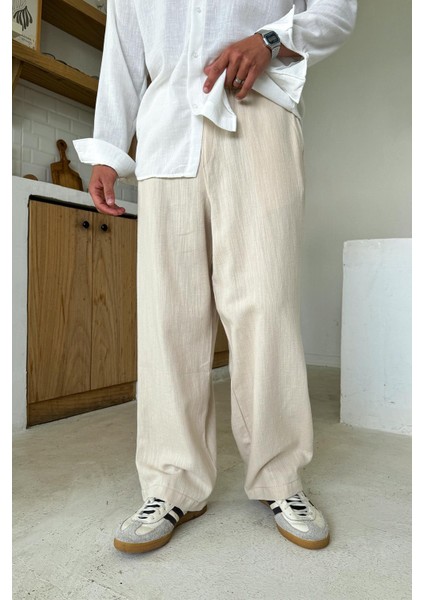 Krem Bel Lastikli Keten Baggy Pantolon