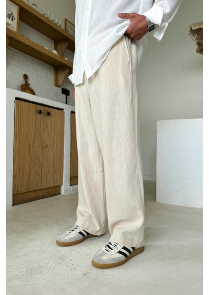 Krem Bel Lastikli Keten Baggy Pantolon fiyatları