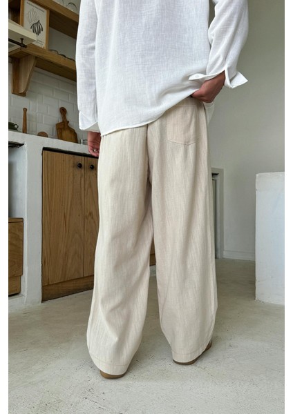 Krem Bel Lastikli Keten Baggy Pantolon modelleri