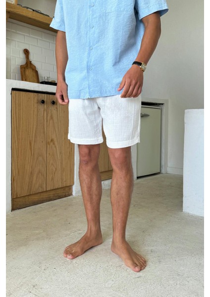 Beyaz Müslin Kumaş Bel Lastikli Şort