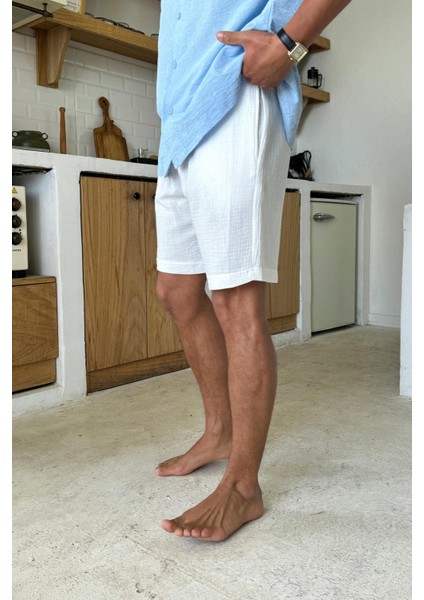 Beyaz Müslin Kumaş Bel Lastikli Şort fiyatları