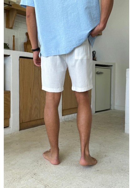 Beyaz Müslin Kumaş Bel Lastikli Şort modelleri