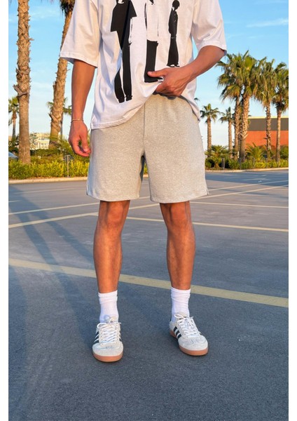 Bermuda Bel Lastikli Gri Melanj Basic Şort