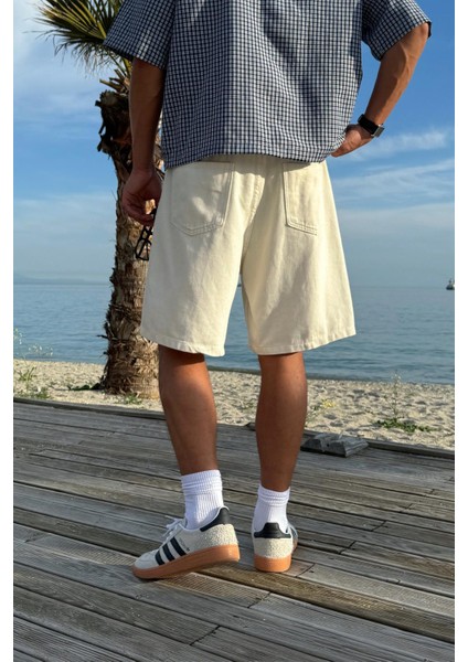Bel Lastikli Ekru Basic Şort modelleri