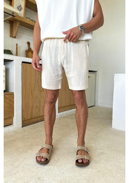 Krem Müslin Kumaş Bel Lastikli Şort