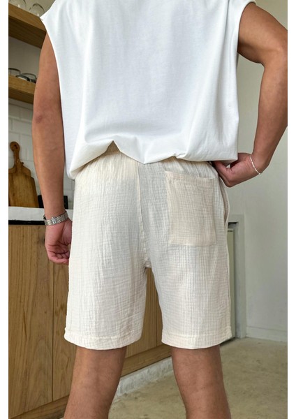 Krem Müslin Kumaş Bel Lastikli Şort fiyatları