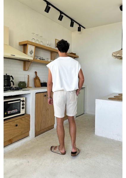 Krem Müslin Kumaş Bel Lastikli Şort fırsatları