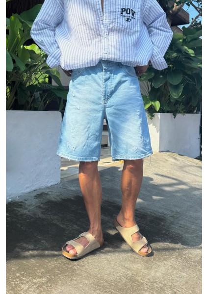 Yırtık Detay Buz Mavi Kot Şort