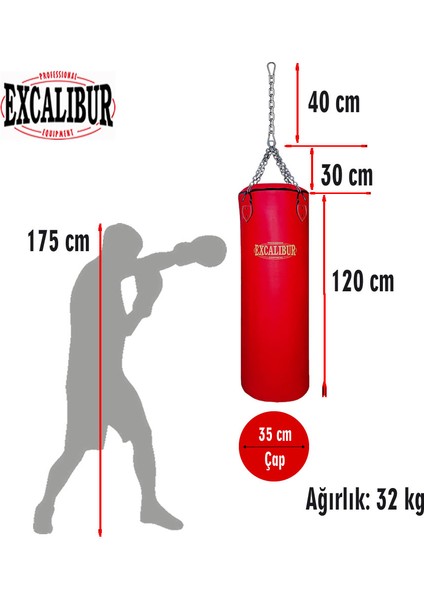 Klasik Boks Torbası 120 x 35 cm Kırmızı fiyatları