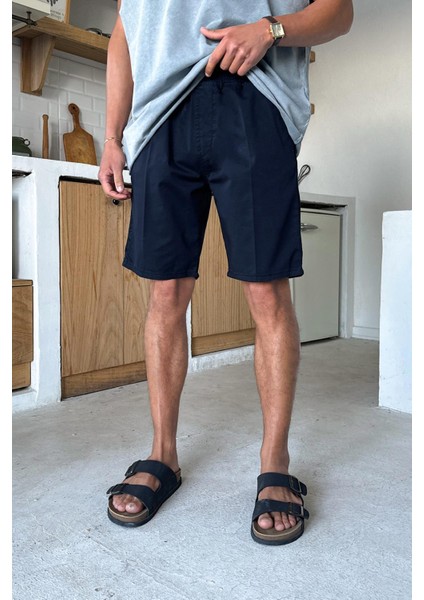 Lacivert Bel Lastikli Şort