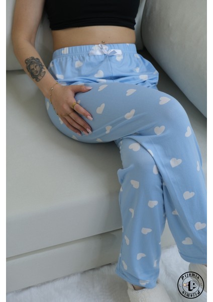 Mavi Kalp Desenli Uzun Kadın Pijama Altı fiyatları