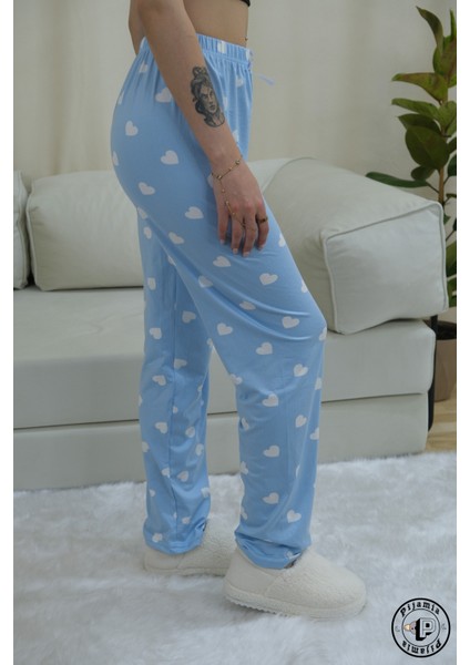 Mavi Kalp Desenli Uzun Kadın Pijama Altı modelleri