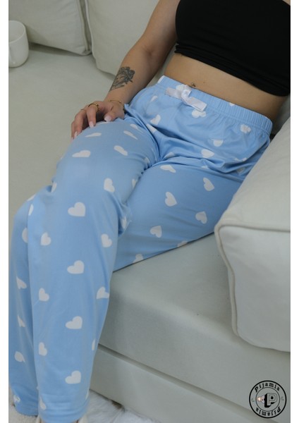Mavi Kalp Desenli Uzun Kadın Pijama Altı fırsatları