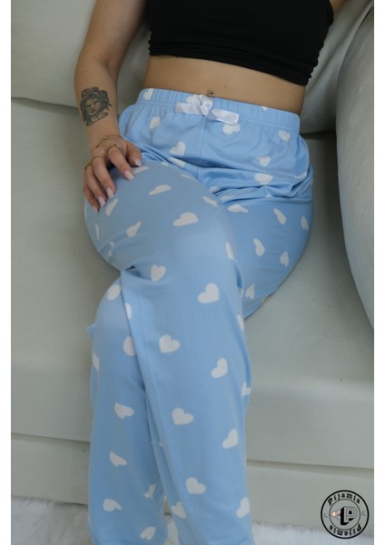 Mavi Kalp Desenli Uzun Kadın Pijama Altı indirimleri