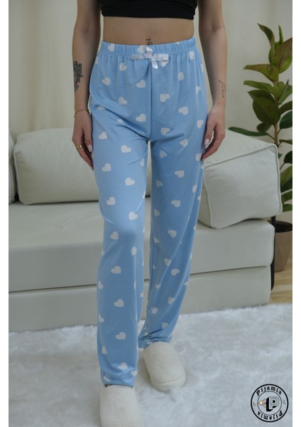 Mavi Kalp Desenli Uzun Kadın Pijama Altı