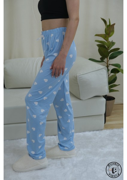 Mavi Kalp Desenli Uzun Kadın Pijama Altı