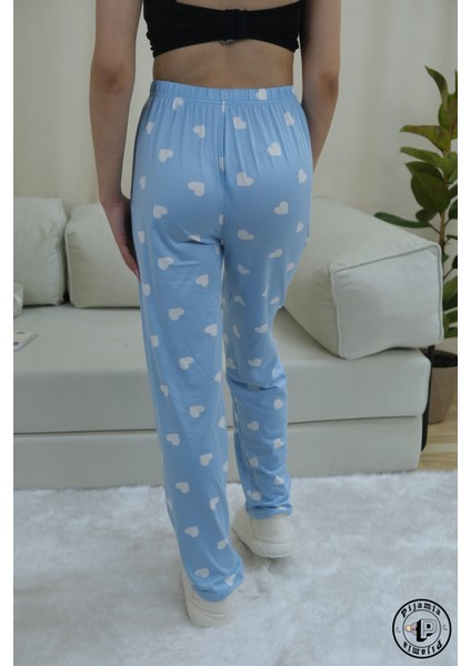 Mavi Kalp Desenli Uzun Kadın Pijama Altı