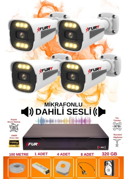 4 Lü Sesli 6 Warm LED Gece Renkli Görüş Su Geçirmez Güvenlik Kamerası Seti 320GB