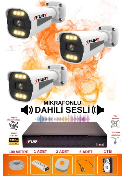 3 Lü Sesli 6 Warm LED Gece Renkli Görüş Su Geçirmez Güvenlik Kamerası Seti 1tb