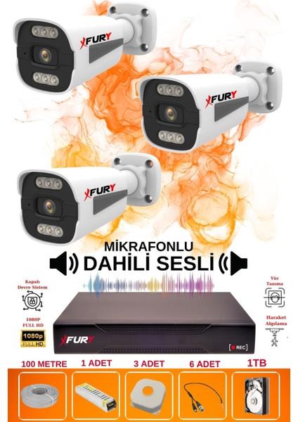 3 Lü Sesli 6 Warm LED Gece Renkli Görüş Su Geçirmez Güvenlik Kamerası Seti 1tb